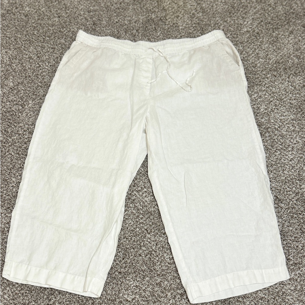 Talbots Womens Linen Pull On Pants Drawstring Plus Size 22 W White Wide Leg Crop - Picture 2 of 10